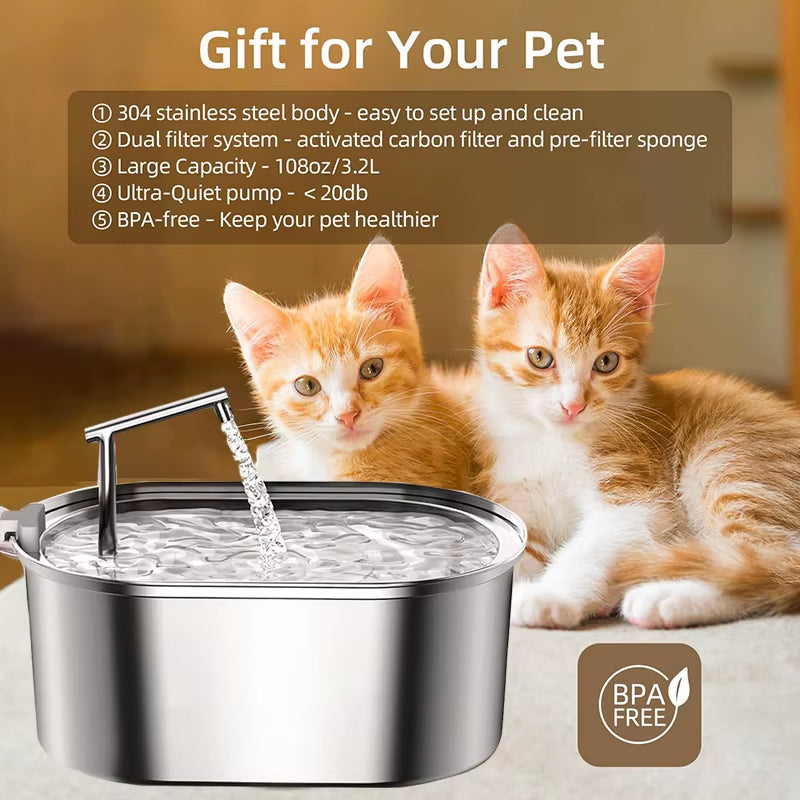 3.2L NEW Stainless Steel Cat Water Fountain Automatic Cats Drinker Drinking Fountain for Cat Dog Pet Water Dispenser Accessories
